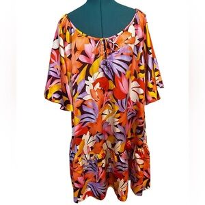 Tallulah Kate Puff Sleeve Bright Floral Tiered Mini Shift Dress 2X